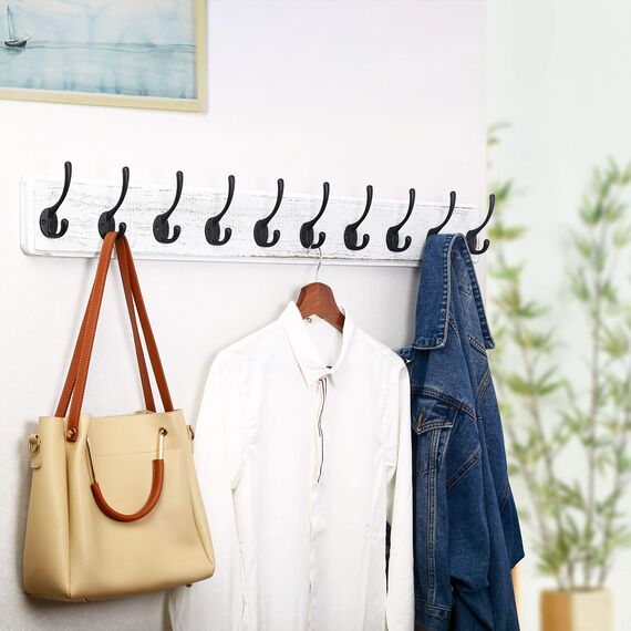 WEBI Garderobenleiste,98cm Lang Garderobenhaken,Wandgarderobe Holz mit 10 Haken,Kleiderhaken Wand,Hakenleiste Garderobe,Jackenhalter Wand für Mäntel,Jacken,Schwarz auf weiß