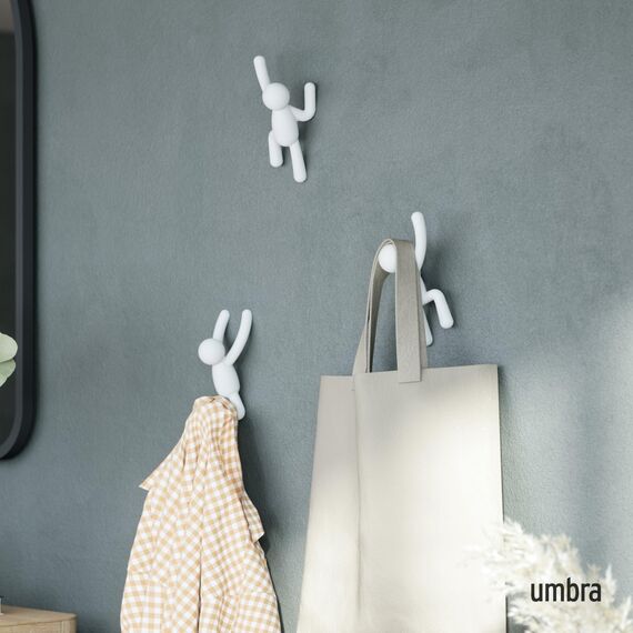 Umbra Buddy Haken - Dekorative Wandhaken Garderobe für Jacken, Schals, Taschen, Rucksäcke, Handtücher und Mehr, 3er-Set, Weiss