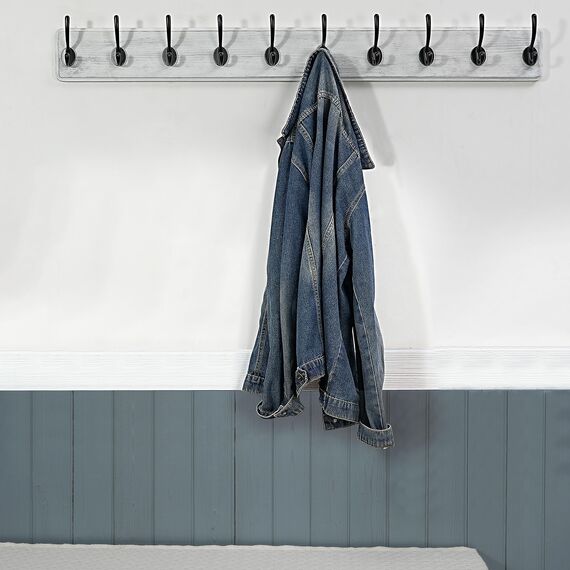 WEBI Garderobenleiste,98cm Lang Garderobenhaken,Wandgarderobe Holz mit 10 Haken,Kleiderhaken Wand,Hakenleiste Garderobe,Jackenhalter Wand für Mäntel,Jacken,Schwarz auf weiß