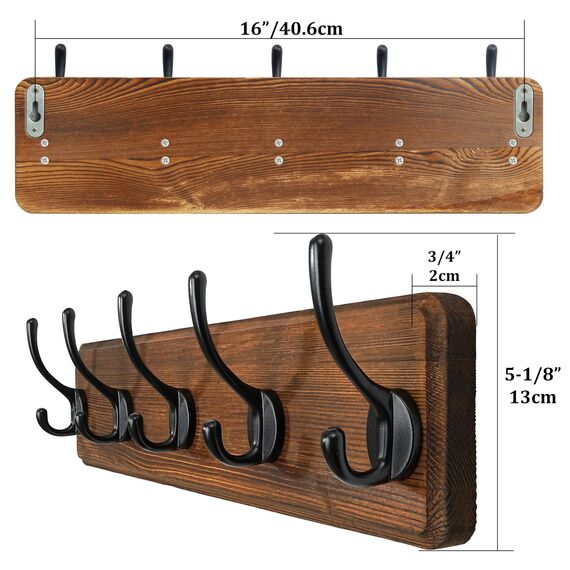 WEBI Garderobenleiste,Garderobenhaken,Wandgarderobe Holz mit 5 Haken,Kleiderhaken Wand,Hakenleiste Garderobe,Jackenhalter Wand für Mäntel,Jacken,Rustikal Braun,2 Stück