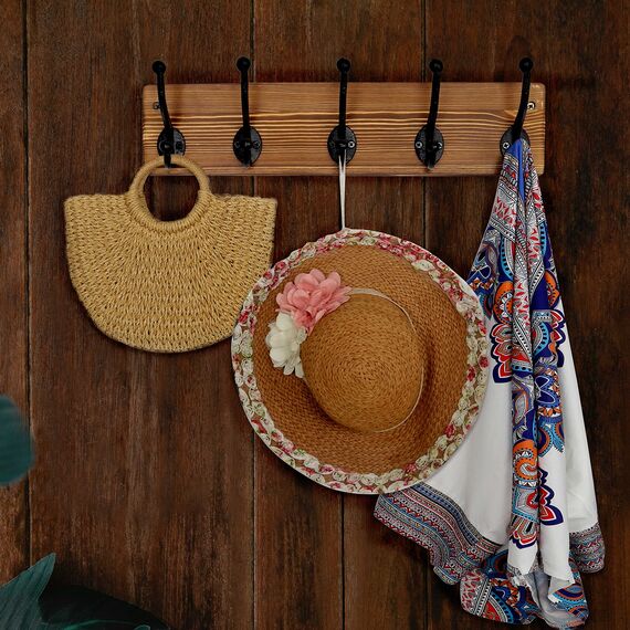 WEBI Garderobenleiste,Wandgarderobe mit 5 Haken Gusseisen,Garderobenhaken Wand,Kleiderhaken Wand,Garderobe Hakenleiste für Mäntel,Jacken,Braun