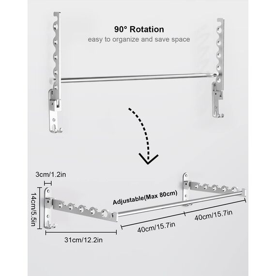LIVEHITOP Wand Kleiderständer, Kleiderhaken Platzsparender Wandhalter Airer Hängeschiene Wandhaken Stange Aluminium für Waschküche Badezimmer Hotel (Silber, 2)