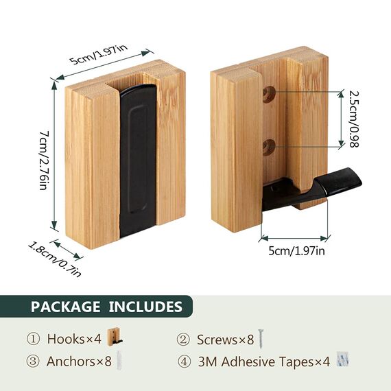 JSVER Kleiderhaken 4 stück Bambus Haken Garderobenhaken Wand Moderne Garderobenleiste Holz Faltbarer für Jacken, Mäntel, Schals, Handtaschen und Mehr, Holz