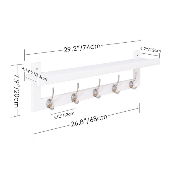SMIBUY Kleiderhaken mit Regal Wandmontage, 74 cm Eingangsbereich Garderobe für Wand, Bambus-Hängeregal mit 5 Doppel-Metallhaken für Badezimmer, Schlafzimmer, Küche, Wohnzimmer, Mudroom (Weiß)