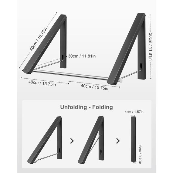 LIVEHITOP Kleiderhaken Wand, Kleiderstange Wandmontage Aluminum Stabilisieren Kleiderlüfter Klappbar mit Stange für Badezimmer Waschküche Kleiderschrank Balkon (Schwarz)