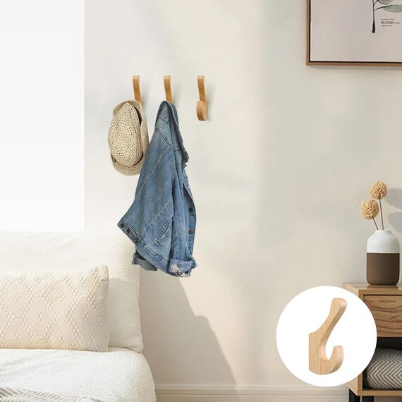 WJUAN 4er Set Kleiderhaken Holz – Garderobenhaken Holz aus Massivholz Eiche, Doppelhaken Wandhaken Holz mit Schrauben & Dübeln, Tragkraft 10kg – Für Flur, Bad, Schlafzimmer (Natur)