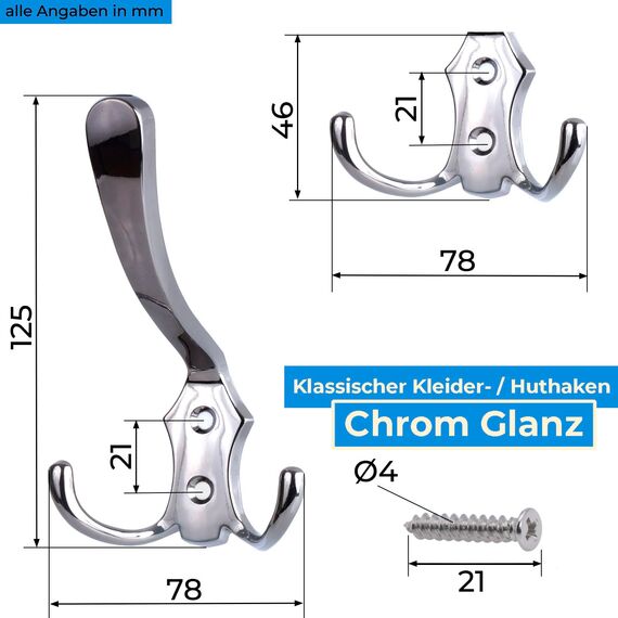 Stahlia Garderobenhaken CHROM-GLANZ (5 Stück) Haken zum Schrauben vintage Kleiderhaken Garderobe LANG Haken für Garderobe Metallhaken
