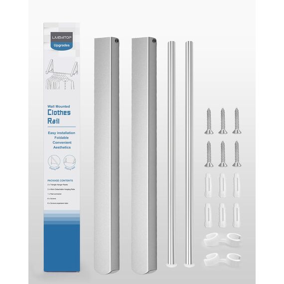 LIVEHITOP Kleiderhaken Klappbar, Kleiderstange Wandmontage Wall Aluminum Stabilisieren Kleiderlüfter Klappbar mit Stange für Waschküche Kleiderschrank Balkon (Silber)
