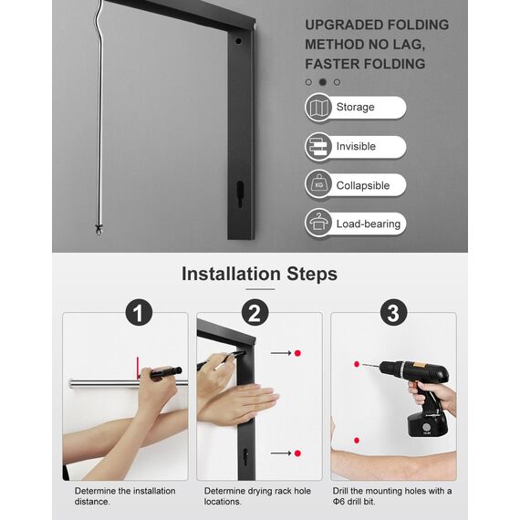 LIVEHITOP Kleiderhaken Wand, Kleiderstange Wandmontage Aluminum Stabilisieren Kleiderlüfter Klappbar mit Stange für Badezimmer Waschküche Kleiderschrank Balkon (Schwarz)