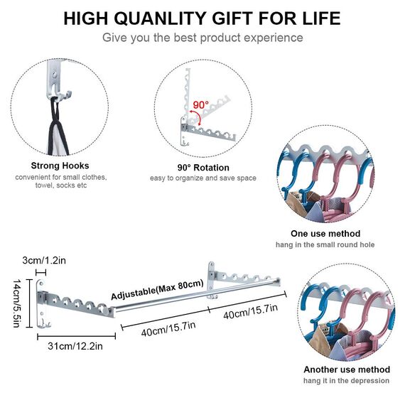 LIVEHITOP Wand Kleiderständer, Kleiderhaken Platzsparender Wandhalter Airer Hängeschiene Wandhaken Stange Aluminium für Waschküche Badezimmer Hotel (Silber, 2)