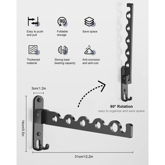 LIVEHITOP Wand Kleiderständer Klappbar, Kleiderbügel Haken Garderobenhaken Aluminium für Waschküche Badezimmer Badezimmer Balkon (Schwarz, 1)