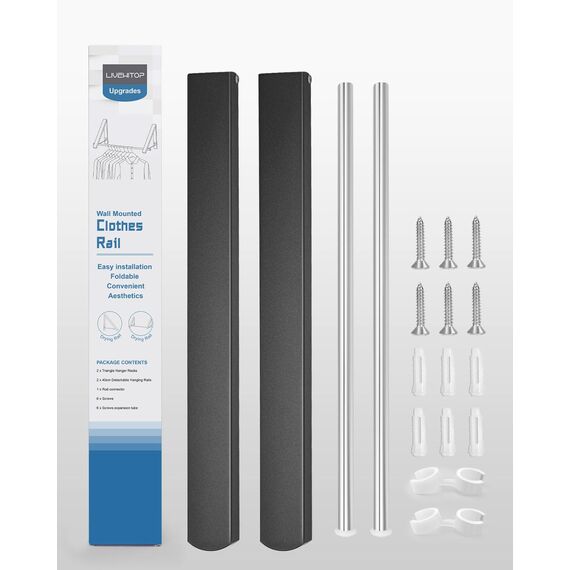 LIVEHITOP Kleiderhaken Wand, Kleiderstange Wandmontage Aluminum Stabilisieren Kleiderlüfter Klappbar mit Stange für Badezimmer Waschküche Kleiderschrank Balkon (Schwarz)