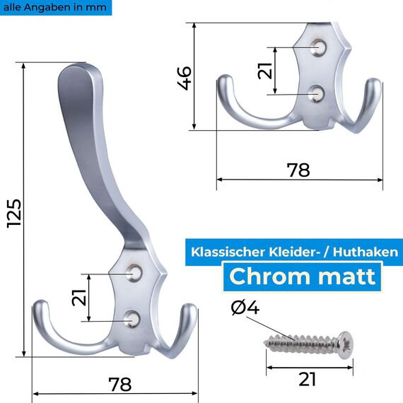 Stahlia Garderobenhaken CHROM-MATT (2 Stück) Haken zum Schrauben vintage Kleiderhaken Garderobe KURZ Haken für Garderobe Metallhaken
