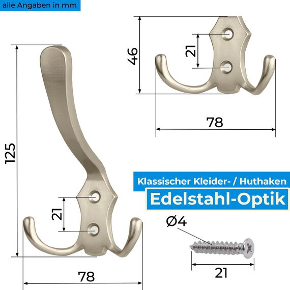 Stahlia Garderobenhaken EDELSTAHL-OPTIK (5 Stück) Haken zum Schrauben vintage Kleiderhaken Garderobe KURZ Haken für Garderobe Metallhaken