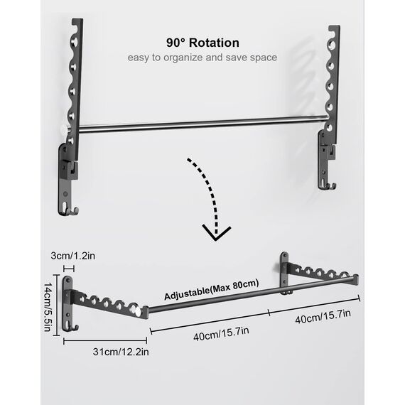 LIVEHITOP Kleiderstange Wand, Faltbarer Wäscheständer Zubehör Kleiderbügel Hakenstange Stange Aluminium für Badezimmer Schlafzimmer Hotel (Schwarz, 2)