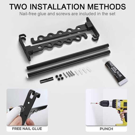 LIVEHITOP Kleiderstange Wand, Faltbarer Wäscheständer Zubehör Kleiderbügel Hakenstange Stange Aluminium für Badezimmer Schlafzimmer Hotel (Schwarz, 2)