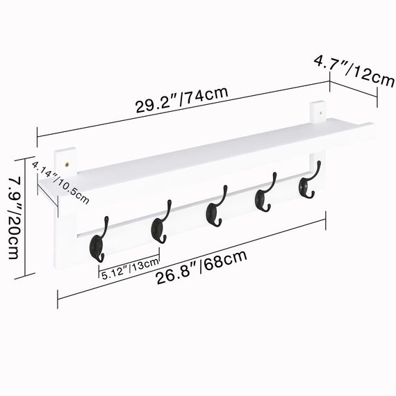 SMIBUY Kleiderhaken mit Regal Wandmontage, 74 cm Eingangsbereich Garderobe für Wand, Bambus-Hängeregal mit 5 Doppel-Metallhaken für Badezimmer, Schlafzimmer, Küche, Wohnzimmer (Weiß + Schwarz)