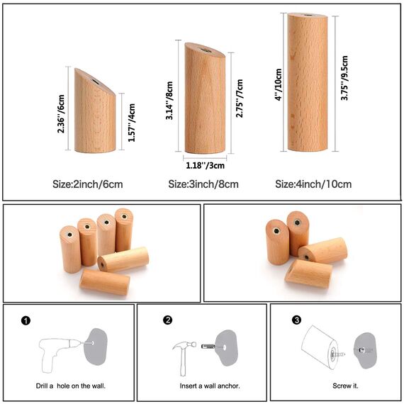 HomeDo 8 Stck Wandhaken Holz Rund, Dekorative Garderobenhaken Holz, Vintage Garderobe, Holzhaken, Huthaken (Buche-10cm, 8p)