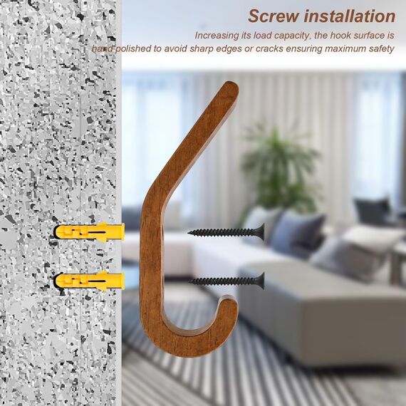 WJUAN Holz Kleiderhaken - 4er Set 155 mm Walnussfarbene J-Haken, Verbesserte Version Handtuchhaken, A-Qualität Eichenholz, Oberfläche poliert und geölt, für Küche und Schlafzimmer