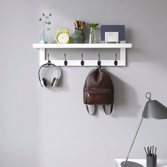 SMIBUY Kleiderhaken mit Regal Wandmontage, 74 cm Eingangsbereich Garderobe für Wand, Bambus-Hängeregal mit 5 Doppel-Metallhaken für Badezimmer, Schlafzimmer, Küche, Wohnzimmer (Weiß + Schwarz)