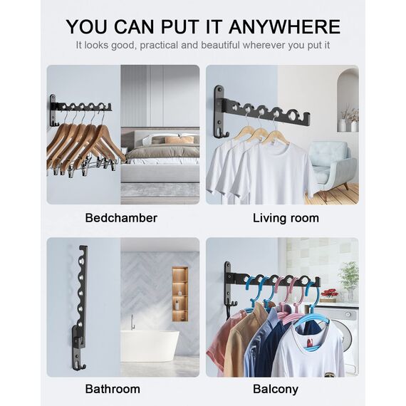 LIVEHITOP Wand Kleiderständer Klappbar, Kleiderbügel Haken Garderobenhaken Aluminium für Waschküche Badezimmer Badezimmer Balkon (Schwarz, 1)