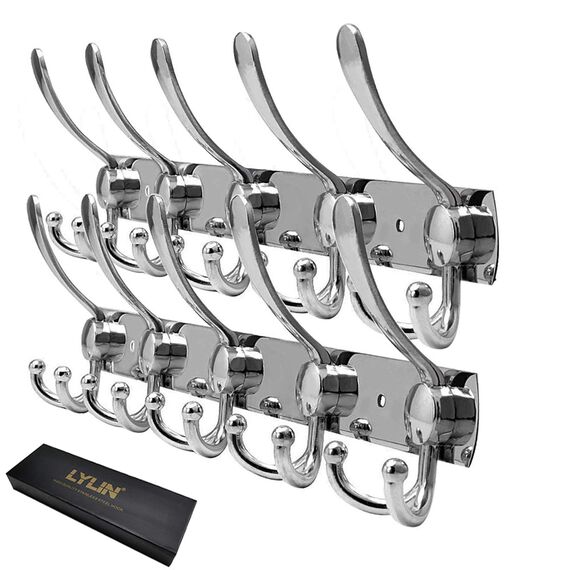 LYLIN kleiderhaken Hakenleiste, Garderobenhaken Edelstahl Rostfrei Handtuchhaken Wandhaken Garderobenleiste Vintage Jackenhalter Wand für Küche Badezimmer Schlafzimme (Silber, 15 Haken, 2Pcs)