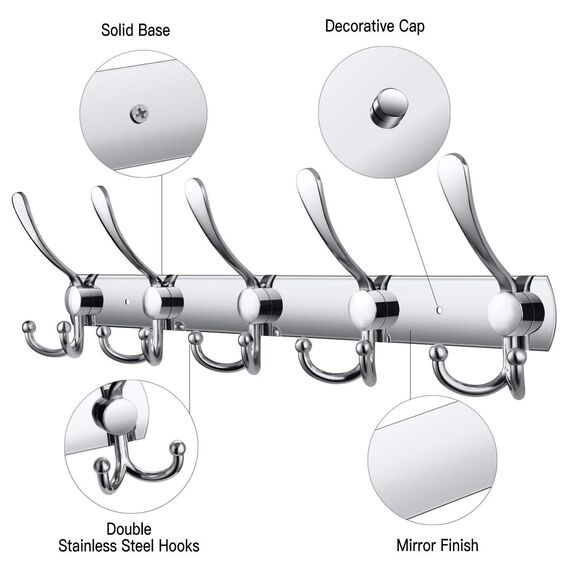 LYLIN kleiderhaken Hakenleiste, Garderobenhaken Edelstahl Rostfrei Handtuchhaken Wandhaken Garderobenleiste Vintage Jackenhalter Wand für Küche Badezimmer Schlafzimme (Silber, 15 Haken, 2Pcs)