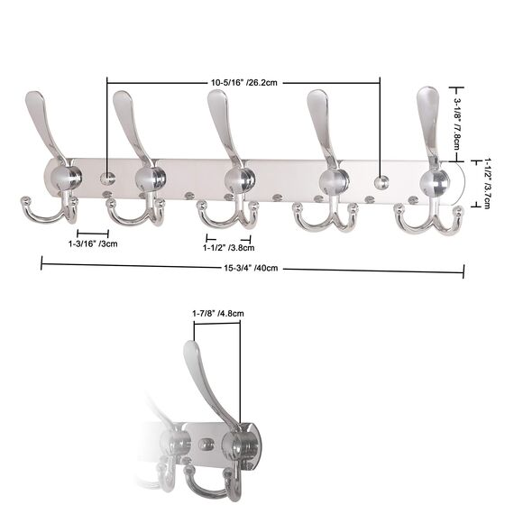 Dseap Garderobenleiste - Schwerlast Garderobenhaken Mit 5 Dreifachhaken, Edelstahl Wandgarderobe, Kleiderhaken Wand, Hakenleiste Garderobe für Mantel Hut Handtuch Handtasche, Verchromt, 2 Stück