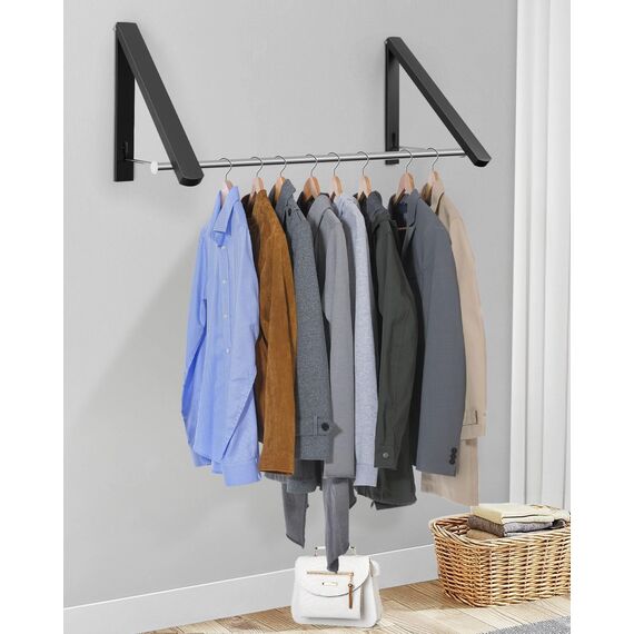 LIVEHITOP Kleiderhaken Wand, Kleiderstange Wandmontage Aluminum Stabilisieren Kleiderlüfter Klappbar mit Stange für Badezimmer Waschküche Kleiderschrank Balkon (Schwarz)