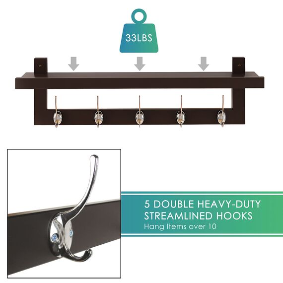 SMIBUY Kleiderhaken mit Ablage Wandmontage, 74 cm Eingangsbereich Garderobe für Wand, Hängeregal aus Bambus mit 5 Doppel-Metallhaken für Badezimmer, Schlafzimmer, Küche (Dunkelbraun)