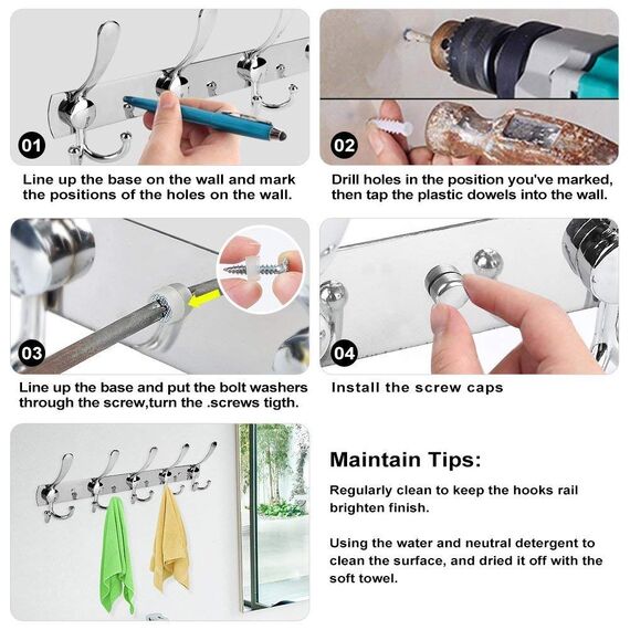 LYLIN kleiderhaken Hakenleiste, Garderobenhaken Edelstahl Rostfrei Handtuchhaken Wandhaken Garderobenleiste Vintage Jackenhalter Wand für Küche Badezimmer Schlafzimme (Silber, 9 Haken, 2Pcs)