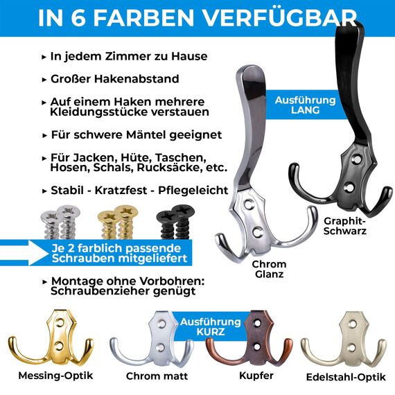 Stahlia Garderobenhaken GOLD (2 Stück) Haken zum Schrauben vintage Kleiderhaken Garderobe KURZ Haken für Garderobe Metallhaken