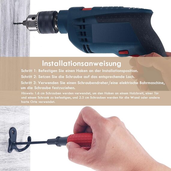 Gorffy Kleiderhaken Schwarz, 6 Stück Garderobenhaken Vintage mit Schrauben, Metall Doppelhaken Wandhaken, Kleiderhaken Wand für Bad, Küche (Schwarz, 6 Stück)