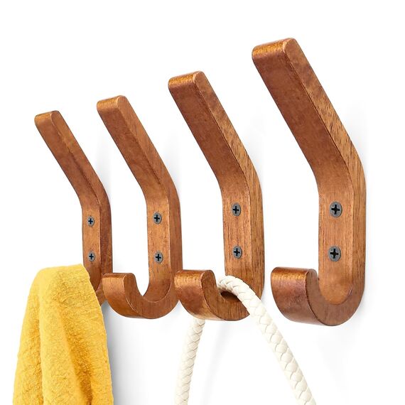 WJUAN Holz Kleiderhaken - 4er Set 155 mm Walnussfarbene J-Haken, Verbesserte Version Handtuchhaken, A-Qualität Eichenholz, Oberfläche poliert und geölt, für Küche und Schlafzimmer