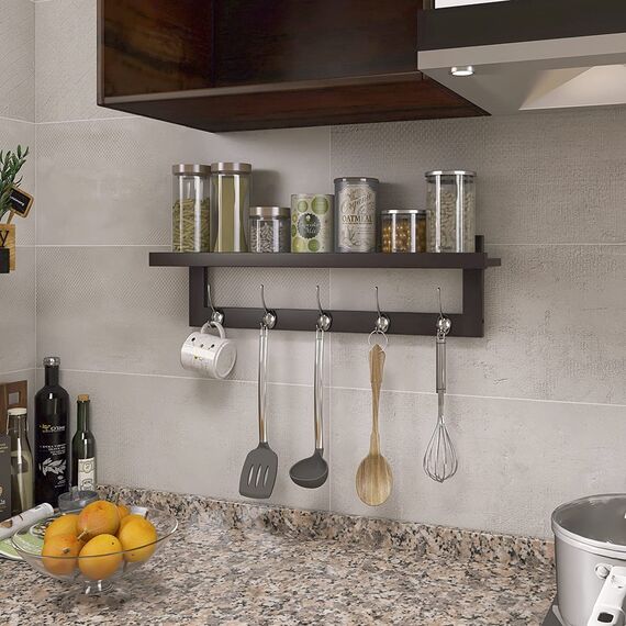 SMIBUY Kleiderhaken mit Ablage Wandmontage, 74 cm Eingangsbereich Garderobe für Wand, Hängeregal aus Bambus mit 5 Doppel-Metallhaken für Badezimmer, Schlafzimmer, Küche (Dunkelbraun)