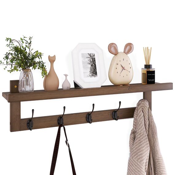 SMIBUY Kleiderhaken mit Regal Wandmontage, 74 cm Eingangsbereich Garderobe für Wand, Bambus-Hängeregal mit 5 Doppel-Metallhaken für Badezimmer, Schlafzimmer, Küche, Wohnzimmer, Mudroom (Walnuss)
