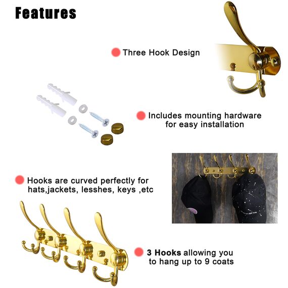 Dseap Garderobenleiste - Schwerlast Garderobenhaken Mit 5 Dreifachhaken, Edelstahl Wandgarderobe, Kleiderhaken Wand, Hakenleiste Garderobe für Mantel Hut Handtuch Handtasche, Gold, 2 Stück