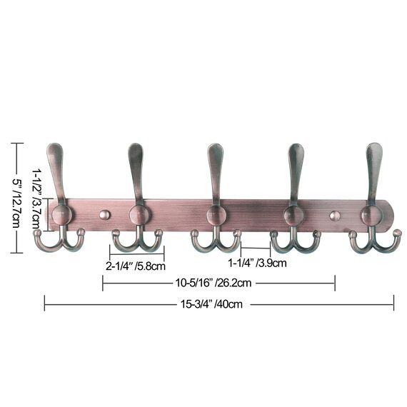 Dseap Garderobenleiste - Schwerlast Garderobenhaken Mit 5 Dreifachhaken, Edelstahl Wandgarderobe, Kleiderhaken Wand, Hakenleiste Garderobe für Mantel Hut Handtuch Handtasche, Antikes Kupfer, 2 Stück