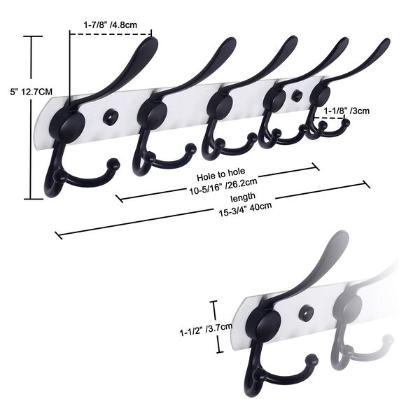 Dseap Garderobenleiste - Schwerlast Garderobenhaken Mit 5 Dreifachhaken, Edelstahl Wandgarderobe, Kleiderhaken Wand, Hakenleiste Garderobe für Mantel Hut Handtuch Handtasche, Weiß & Schwarz, 2 Stück