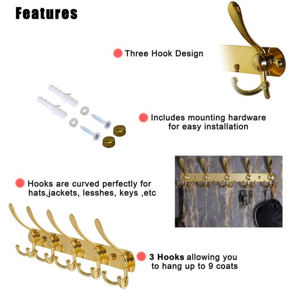 Dseap Garderobenleiste - Schwerlast Garderobenhaken Mit 5 Dreifachhaken, Edelstahl Wandgarderobe, Kleiderhaken Wand, Hakenleiste Garderobe für Mantel Hut Handtuch Handtasche, Gold