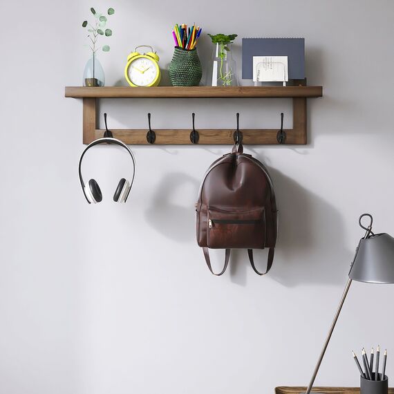 SMIBUY Kleiderhaken mit Regal Wandmontage, 74 cm Eingangsbereich Garderobe für Wand, Bambus-Hängeregal mit 5 Doppel-Metallhaken für Badezimmer, Schlafzimmer, Küche, Wohnzimmer, Mudroom (Walnuss)