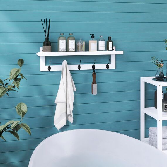 SMIBUY Kleiderhaken mit Regal Wandmontage, 74 cm Eingangsbereich Garderobe für Wand, Bambus-Hängeregal mit 5 Doppel-Metallhaken für Badezimmer, Schlafzimmer, Küche, Wohnzimmer (Weiß + Schwarz)