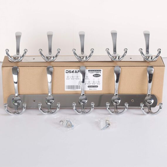 Dseap Garderobenleiste - Schwerlast Garderobenhaken Mit 5 Dreifachhaken, Edelstahl Wandgarderobe, Kleiderhaken Wand, Hakenleiste Garderobe für Mantel Hut Handtuch Handtasche, Verchromt, 2 Stück