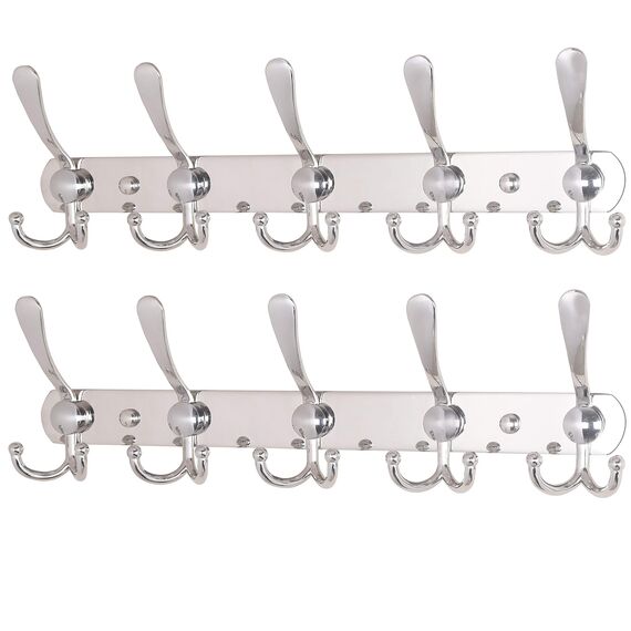 Dseap Garderobenleiste - Schwerlast Garderobenhaken Mit 5 Dreifachhaken, Edelstahl Wandgarderobe, Kleiderhaken Wand, Hakenleiste Garderobe für Mantel Hut Handtuch Handtasche, Verchromt, 2 Stück