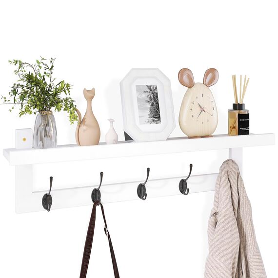 SMIBUY Kleiderhaken mit Regal Wandmontage, 74 cm Eingangsbereich Garderobe für Wand, Bambus-Hängeregal mit 5 Doppel-Metallhaken für Badezimmer, Schlafzimmer, Küche, Wohnzimmer (Weiß + Schwarz)