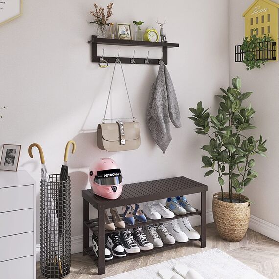 SMIBUY Kleiderhaken mit Ablage Wandmontage, 74 cm Eingangsbereich Garderobe für Wand, Hängeregal aus Bambus mit 5 Doppel-Metallhaken für Badezimmer, Schlafzimmer, Küche (Dunkelbraun)