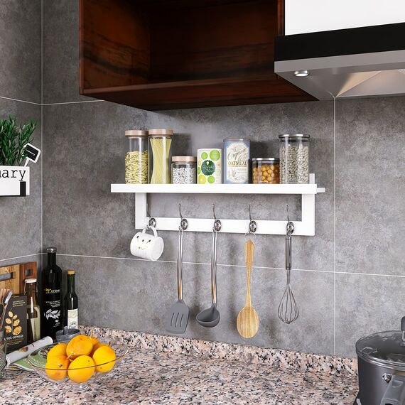 SMIBUY Kleiderhaken mit Regal Wandmontage, 74 cm Eingangsbereich Garderobe für Wand, Bambus-Hängeregal mit 5 Doppel-Metallhaken für Badezimmer, Schlafzimmer, Küche, Wohnzimmer, Mudroom (Weiß)