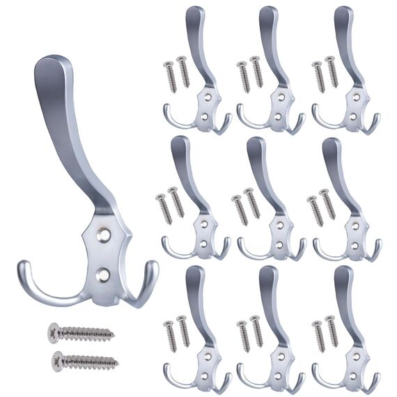 Stahlia Garderobenhaken CHROM-MATT (10 Stück) Haken zum Schrauben vintage Kleiderhaken Garderobe LANG Haken für Garderobe Metallhaken