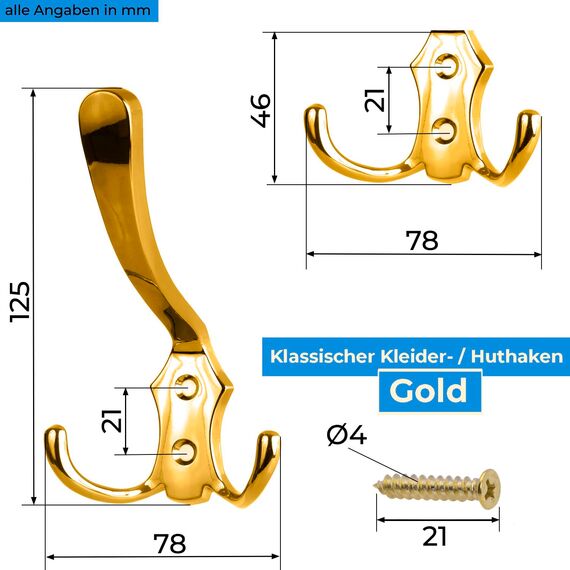 Stahlia Garderobenhaken GOLD (10 Stück) Haken zum Schrauben vintage Kleiderhaken Garderobe KURZ Haken für Garderobe Metallhaken
