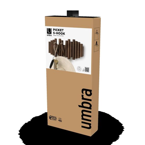 Umbra Picket Garderobenhaken - Garderobenleiste und Moderne Wand Dekoration mit 5 Klapphaken aus geschliffenem Kiefernholz, Walnuss